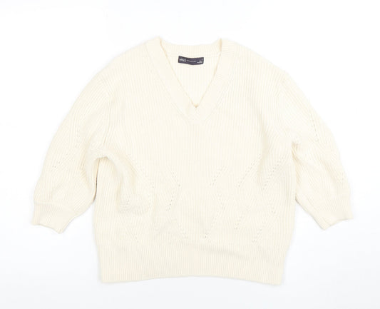 Marks and Spencer Women's Ivory V-Neck Cable-Knit Jumper Size S