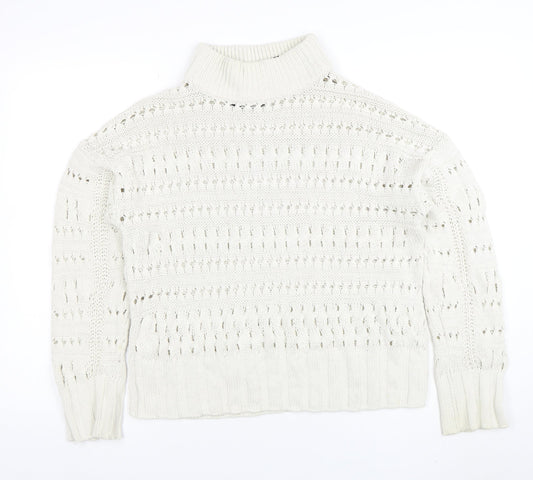 Noisy May Women Ivory High Neck Open Knit Cotton Jumper Size M