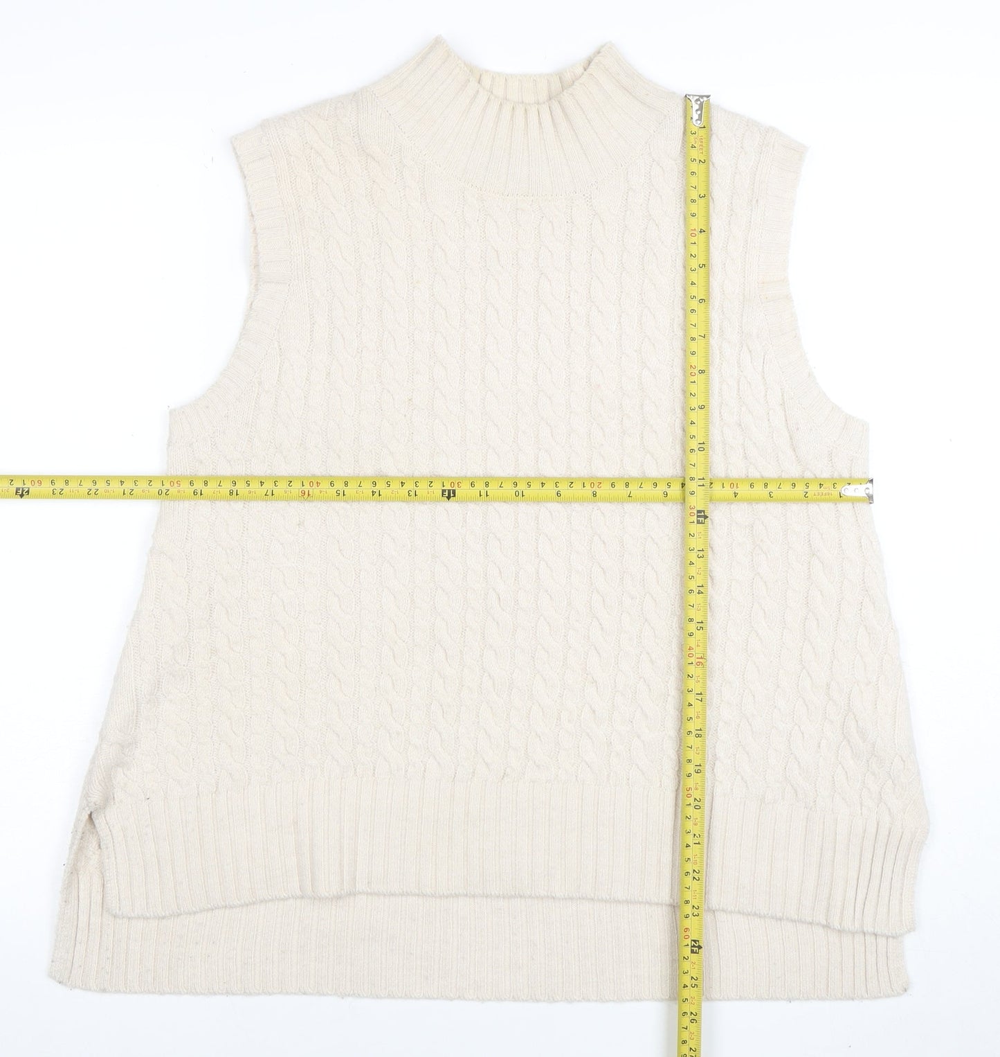 French Connection Womens Ivory Cable-Knit Wool Sleeveless Mock Neck Vest XL