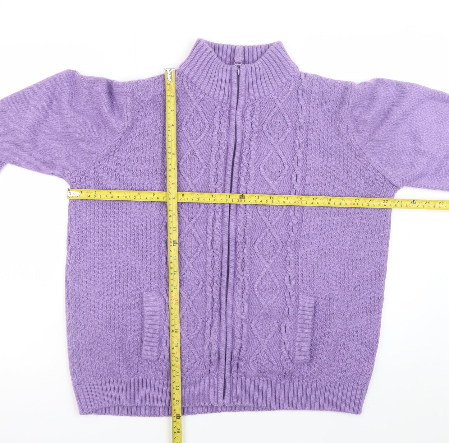 Isle Womens Purple Full Zip Cable Knit Jumper L 18-20