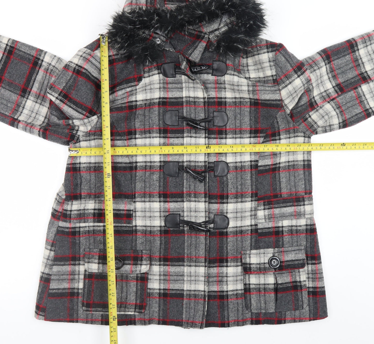 Be Beau Women Grey Check Wool Blend Duffle Coat Size 18 Hooded