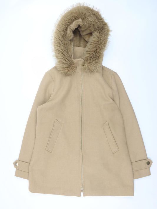 Primark Women Beige Size 12 Hooded Fur Trim Mid-Length Parka Coat