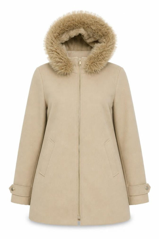 Primark Women Beige Size 12 Hooded Fur Trim Mid-Length Parka Coat