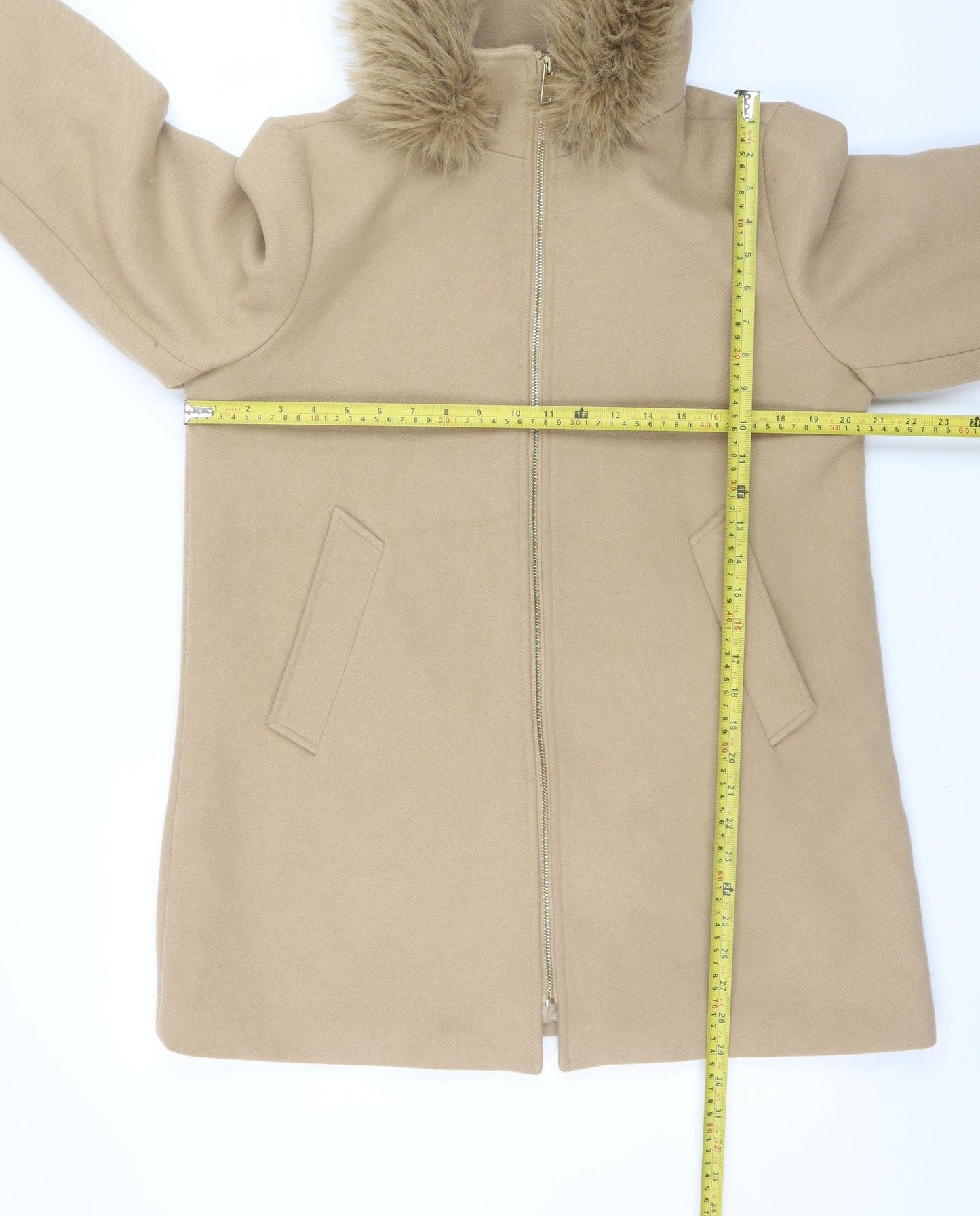 Primark Women Beige Size 12 Hooded Fur Trim Mid-Length Parka Coat