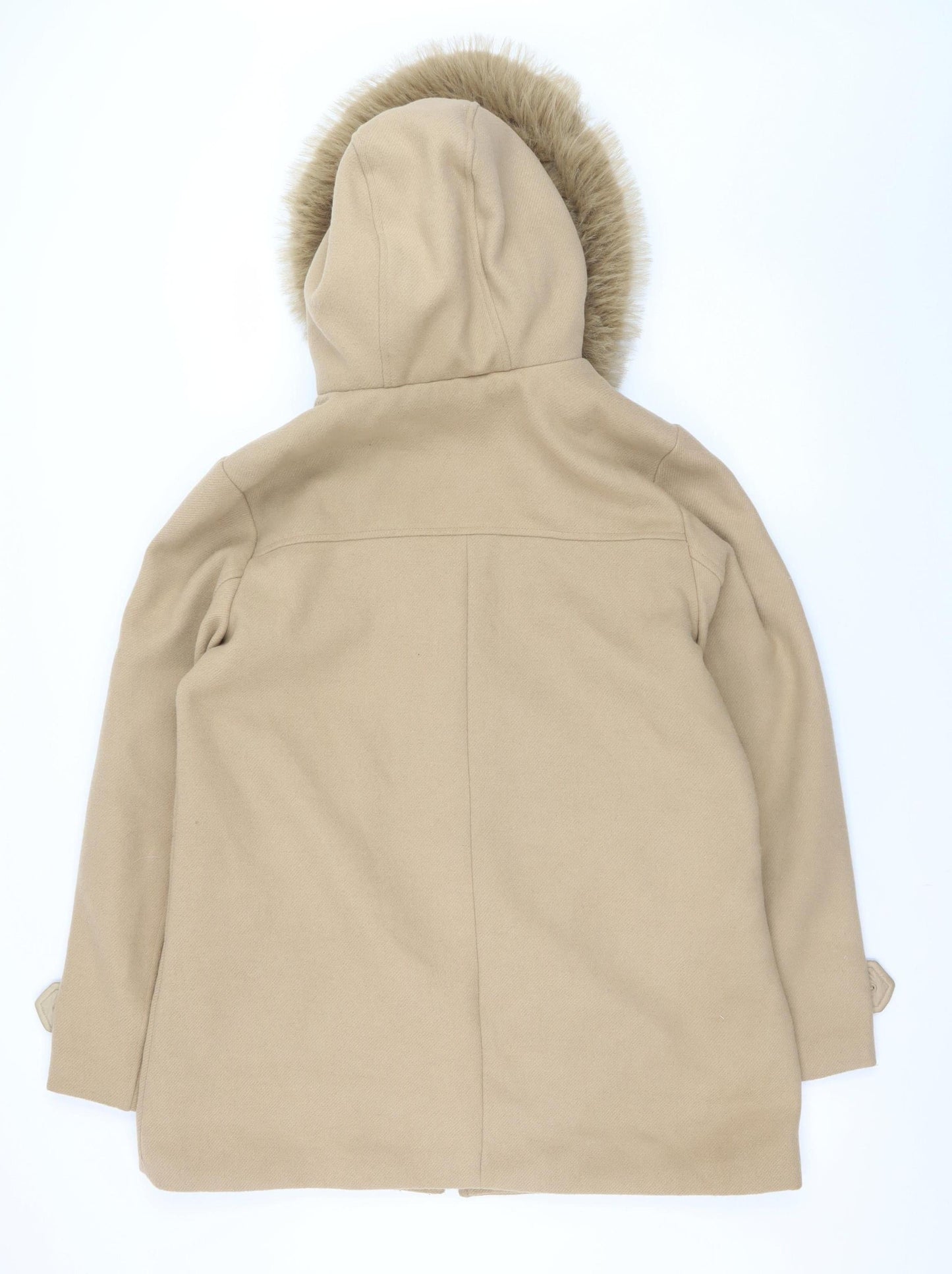 Primark Women Beige Size 12 Hooded Fur Trim Mid-Length Parka Coat