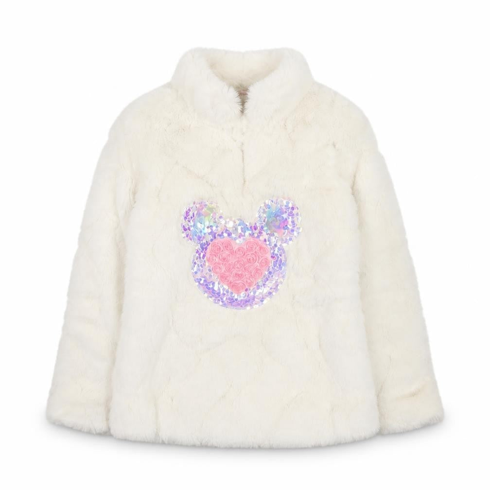 Victoria Originals Girls Ivory Faux Fur Sequin Pullover Sweatshirt 2 Years