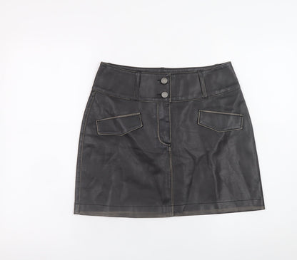 Additional front view of b.young Women’s Black Faux Leather Mini Skirt, size UK 8, High Waist