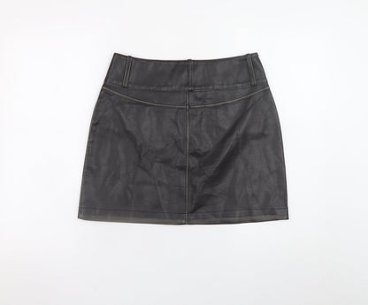 Close-up detail of b.young Women’s Black Faux Leather Mini Skirt, size UK 8, High Waist