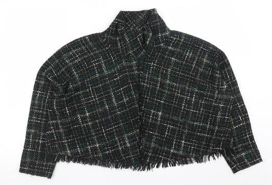 Zara Woman Green Tweed Check Cropped Blazer Jacket L Wool Blend