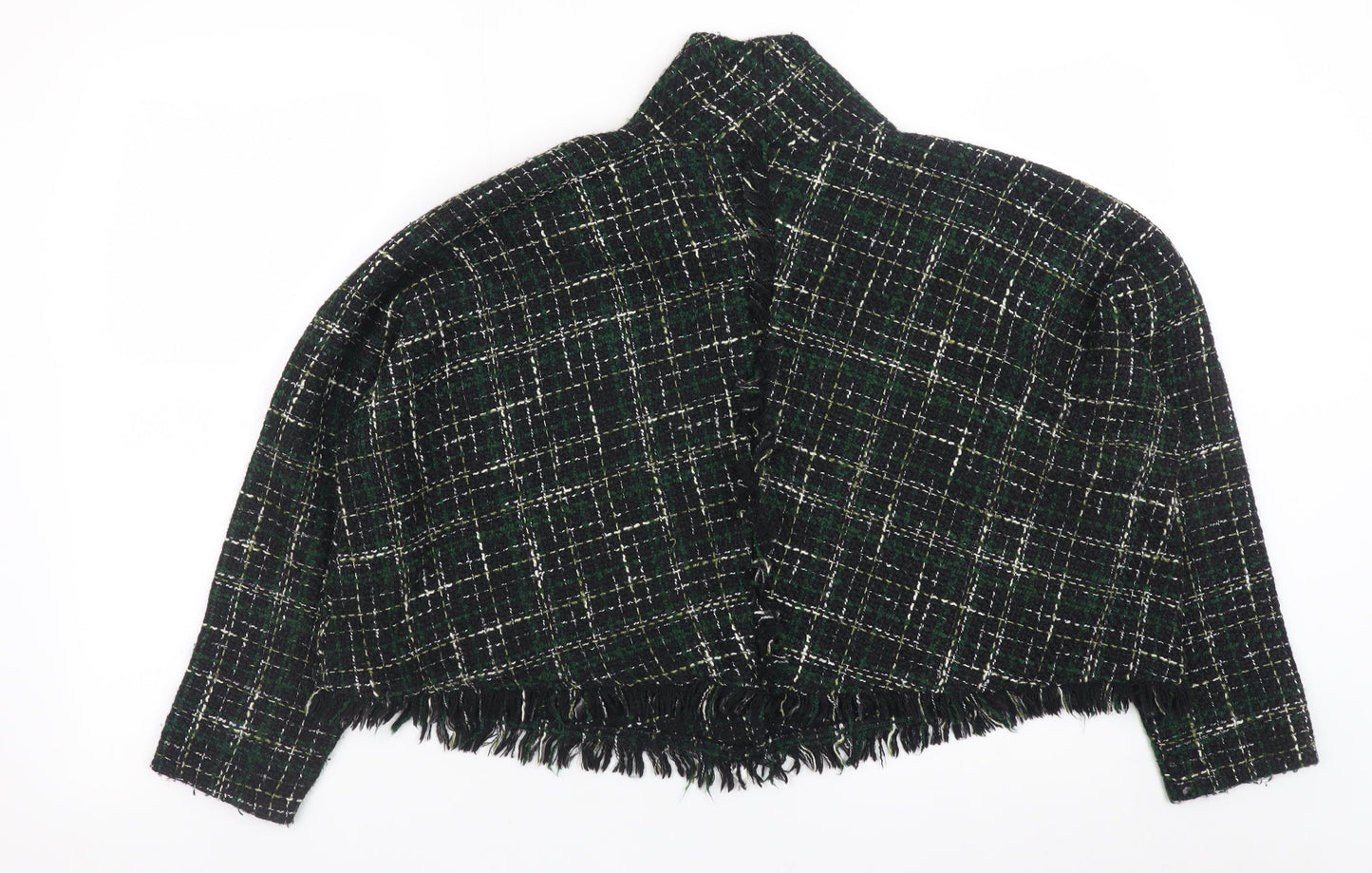 Zara Woman Green Tweed Check Cropped Blazer Jacket L Wool Blend