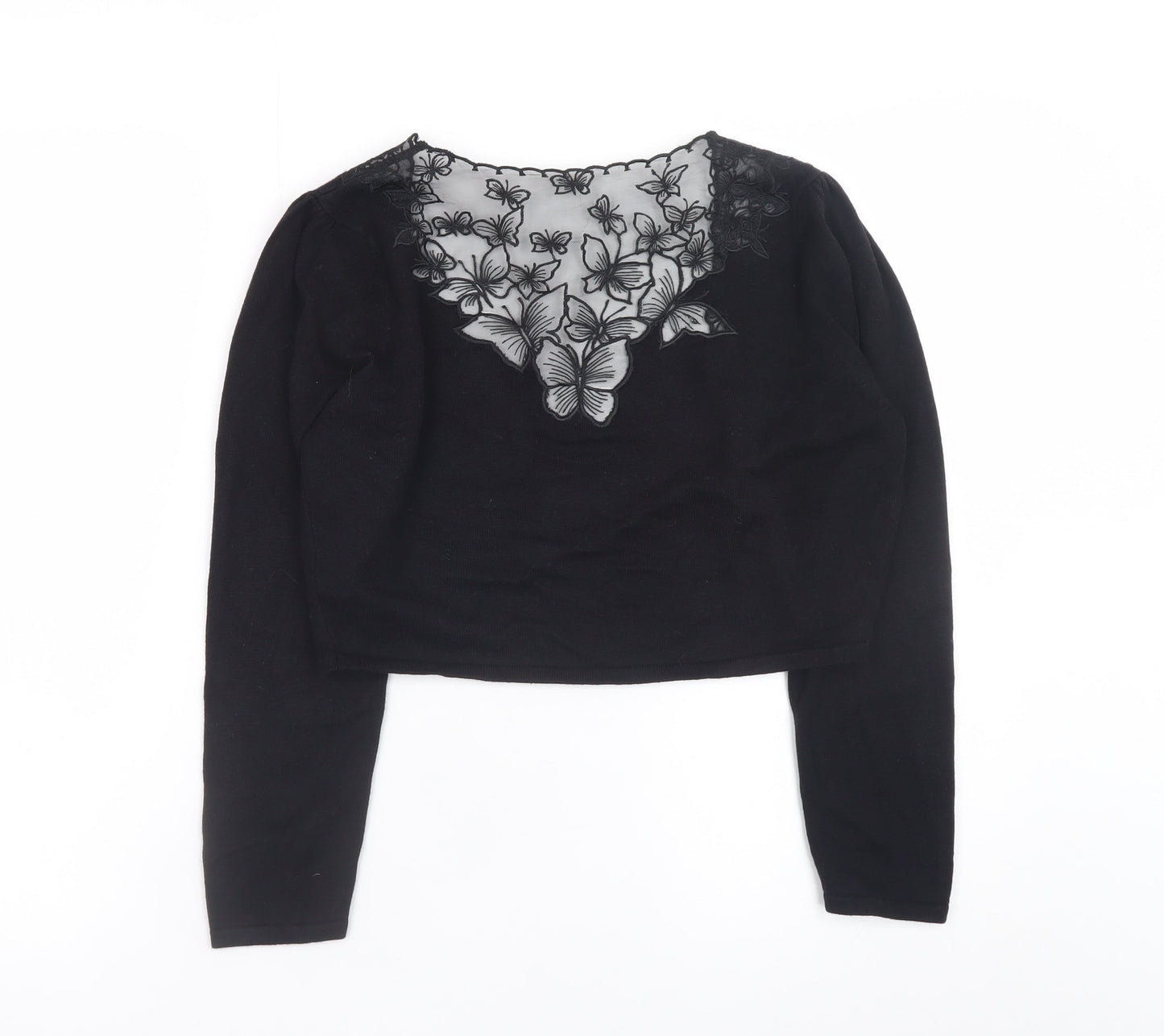 Monsoon Women Black Butterfly Embroidered V-Neck Long Sleeve Cardigan Size 10