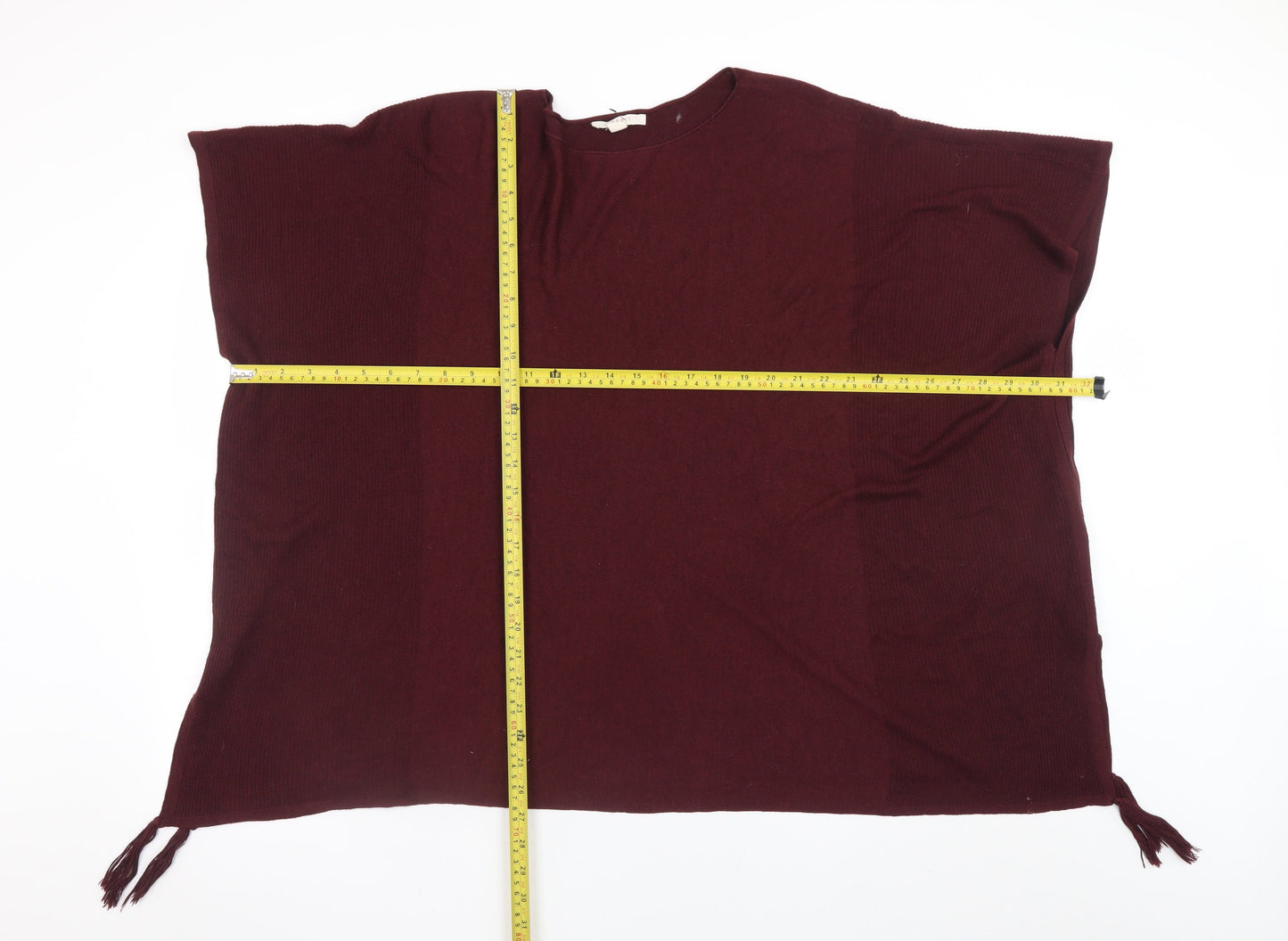 Esprit Women Red Knit Cape Jumper M Sleeveless Tasselled Relaxed Fit
