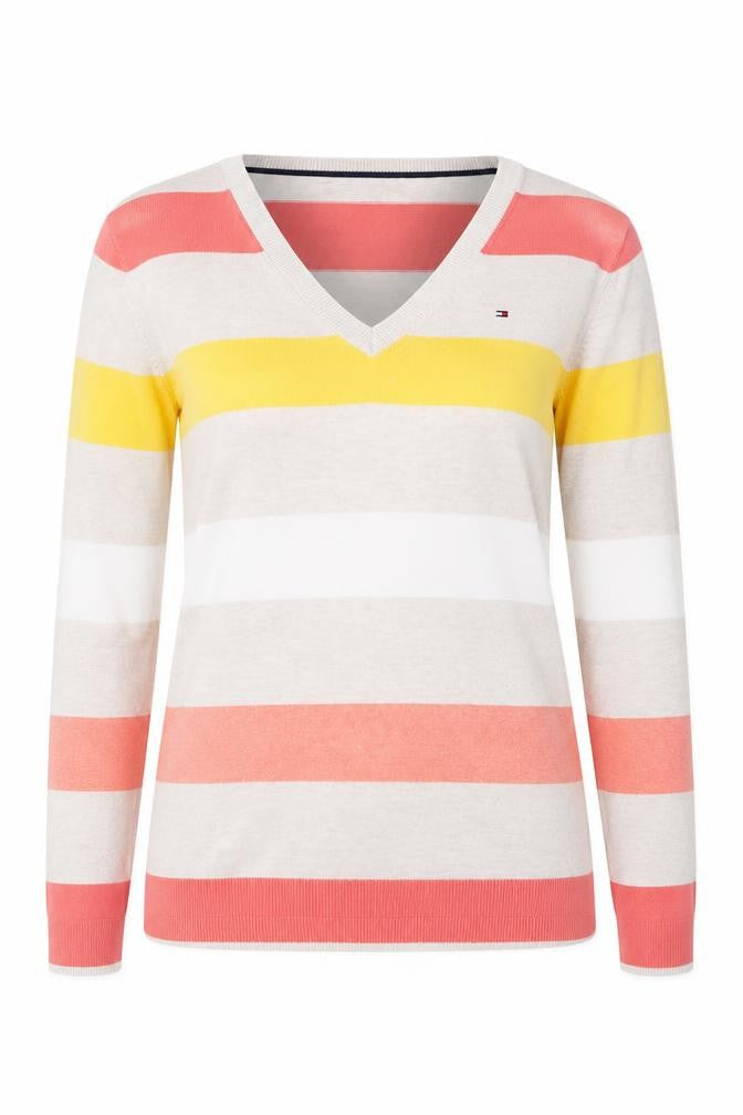 Tommy Hilfiger Women's Multicoloured Stripe Cotton V-Neck Jumper Size S