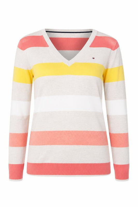 Tommy Hilfiger Women's Multicoloured Stripe Cotton V-Neck Jumper Size S