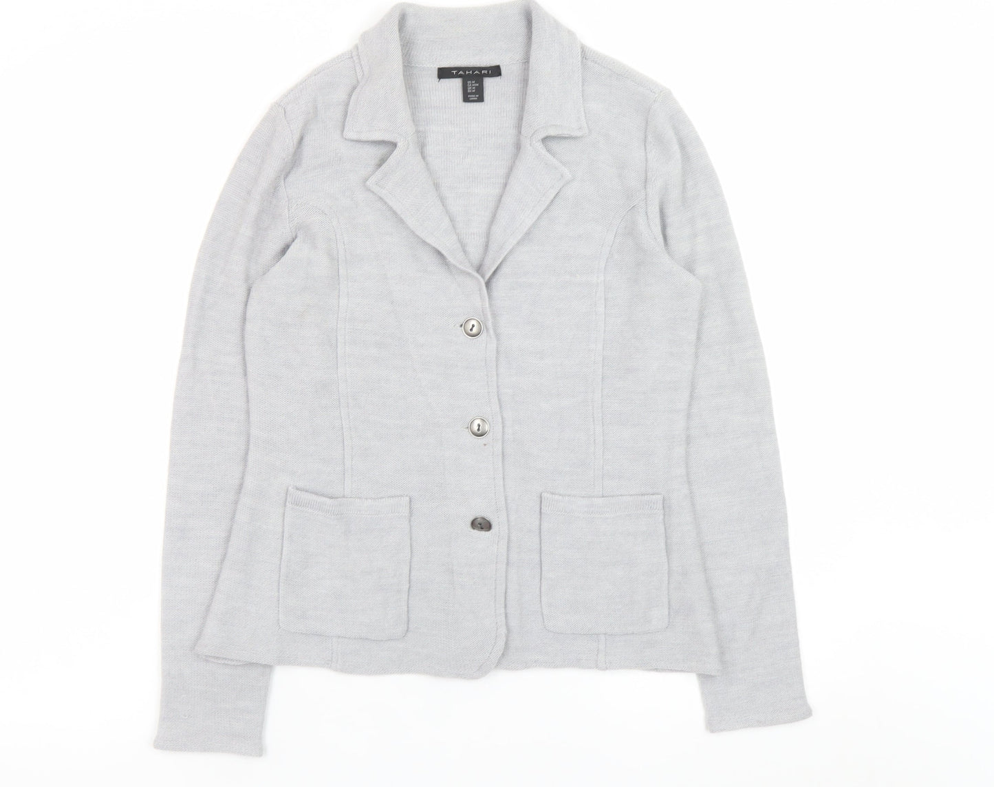 Tahari Women's Grey Medium Cardigan Jacket Merino Wool Blend Knit