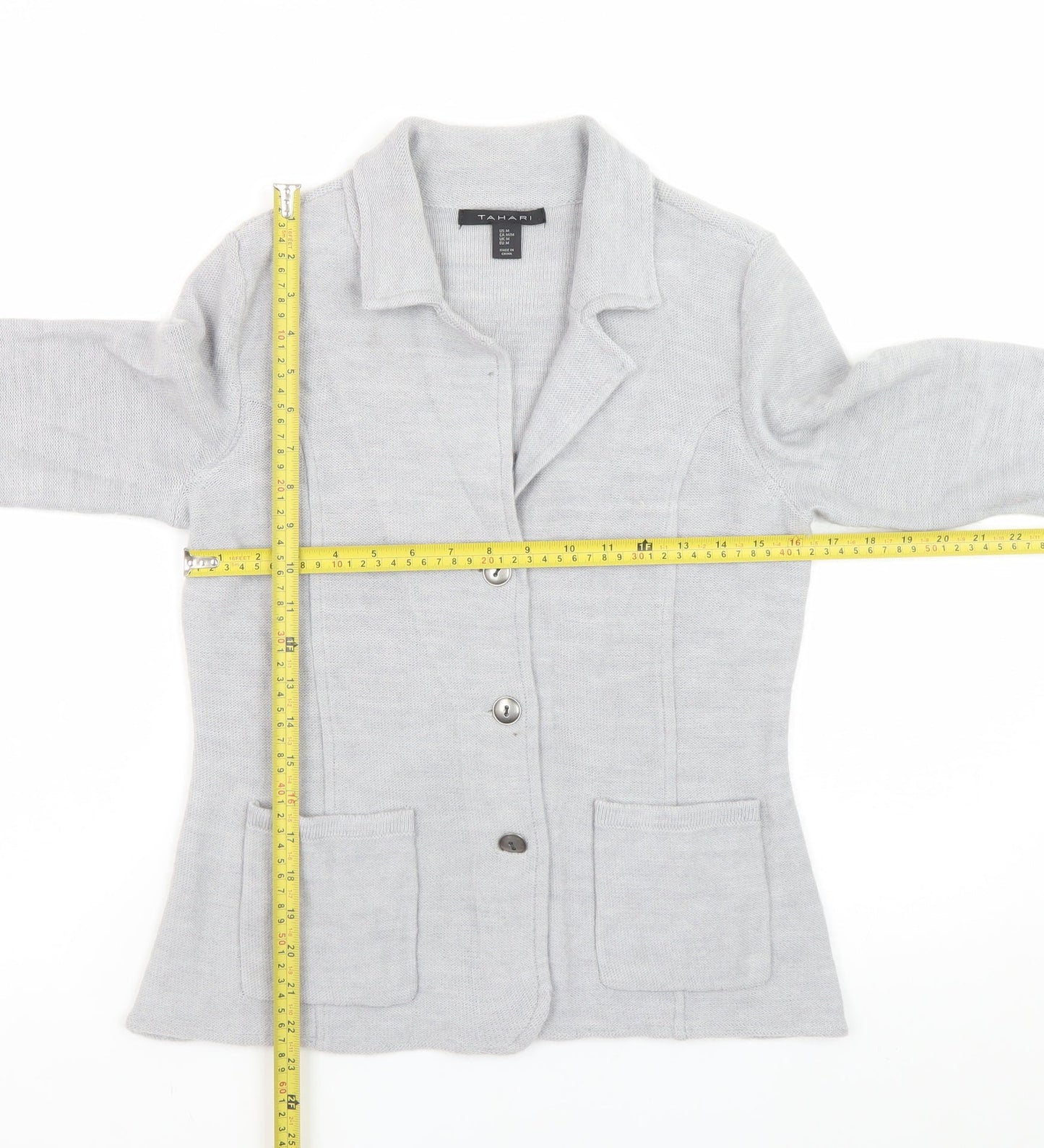 Tahari Women's Grey Medium Cardigan Jacket Merino Wool Blend Knit