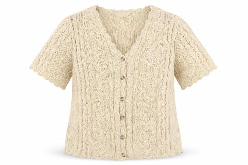 For Women Beige Cable-Knit V-Neck Short Sleeve Cardigan Size 14/16