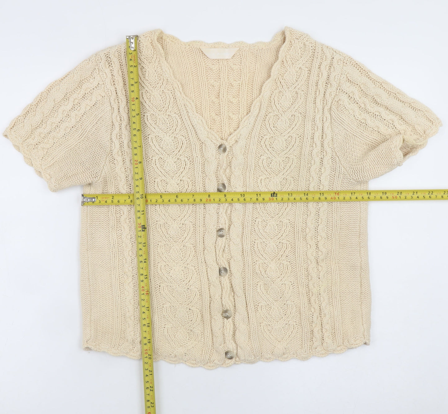 For Women Beige Cable-Knit V-Neck Short Sleeve Cardigan Size 14/16