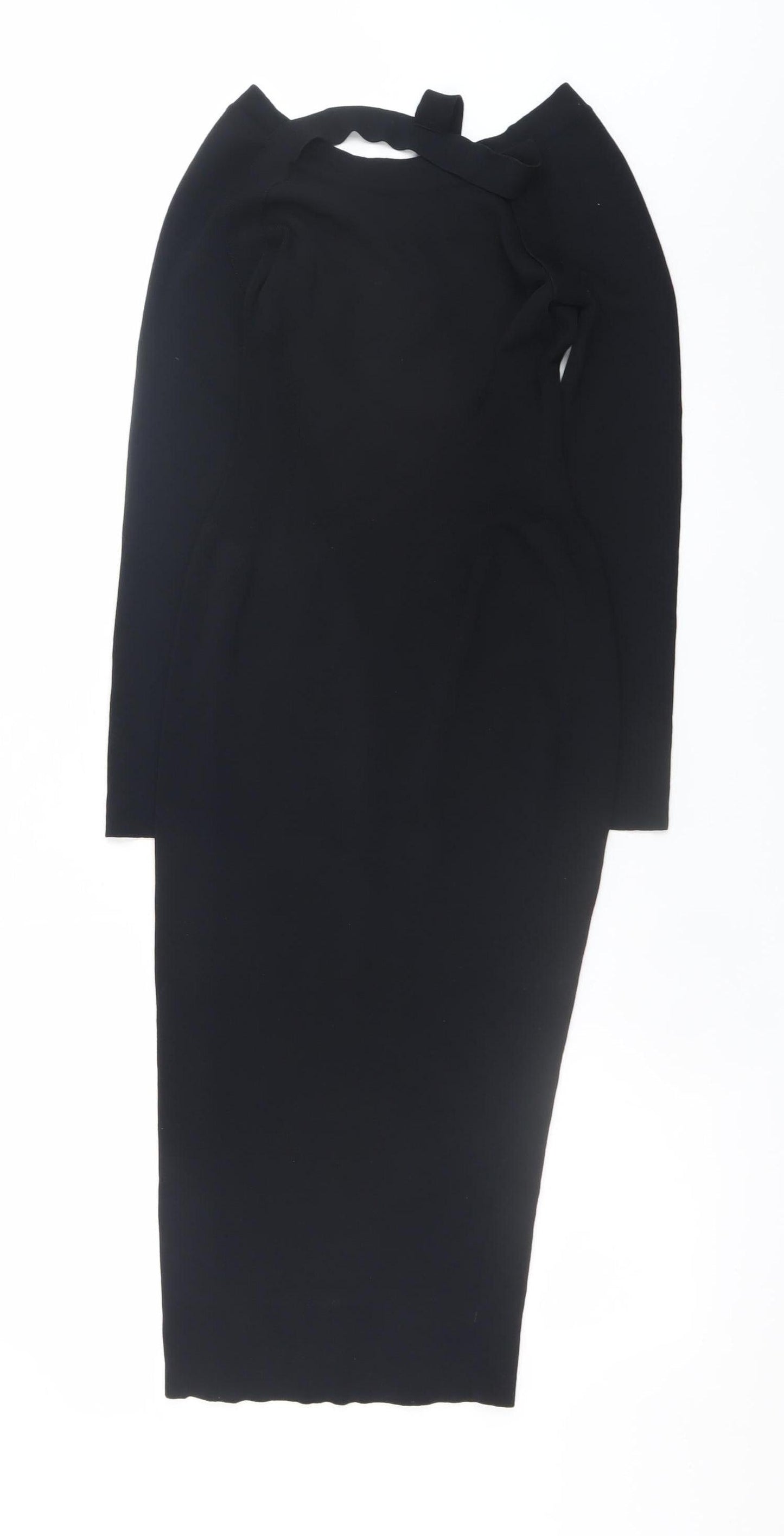 H&M Women Black Bodycon Midi Dress Size 8 Long Sleeve Off Shoulder