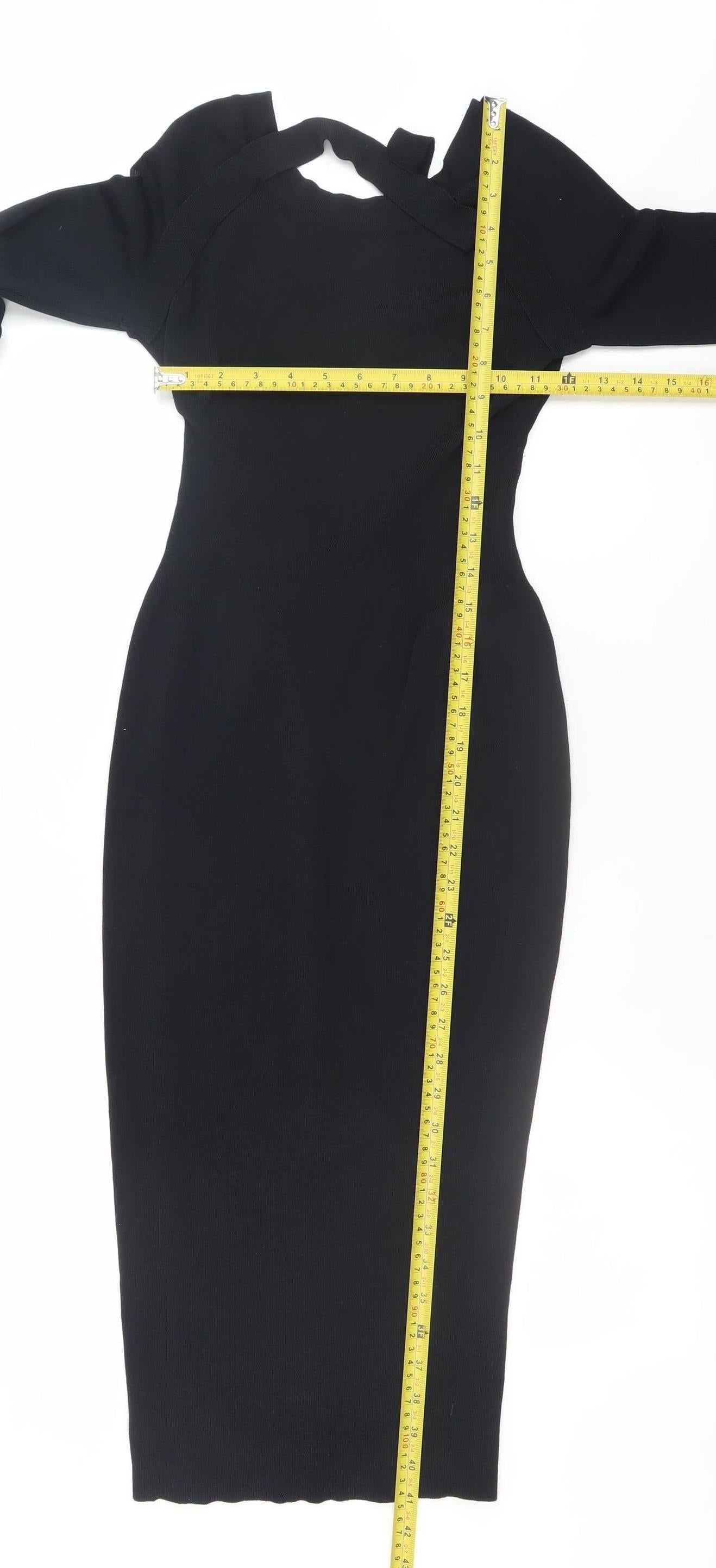H&M Women Black Bodycon Midi Dress Size 8 Long Sleeve Off Shoulder
