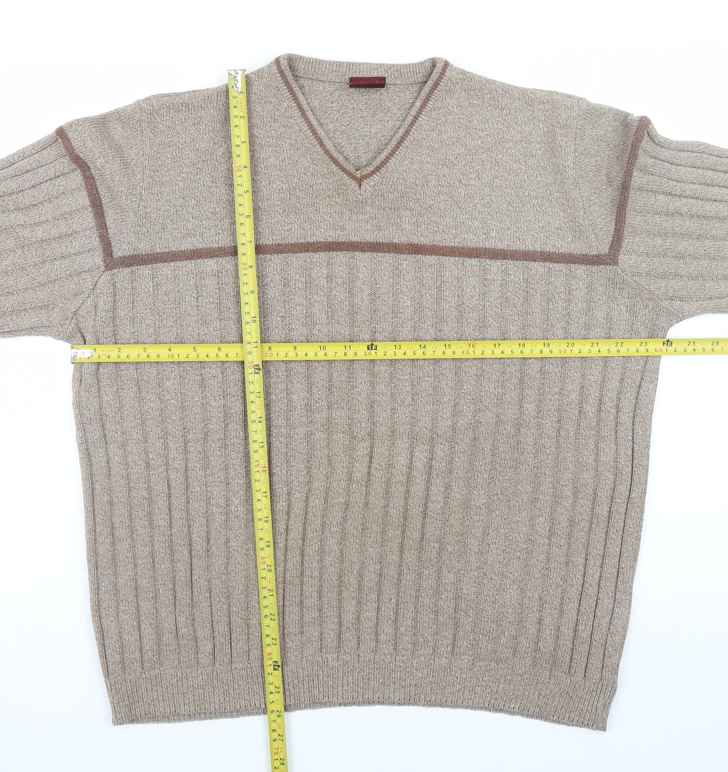 Burton Menswear Beige Wool Blend V-Neck Ribbed Men's Jumper L