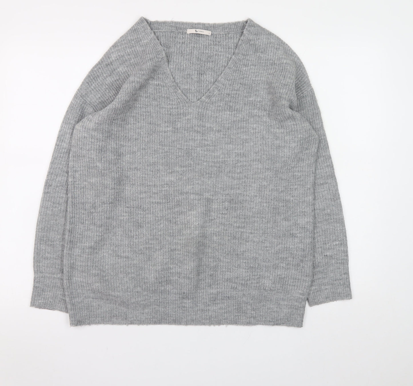 Tu Women Grey V-Neck Rib Knit Pullover Jumper Size 8