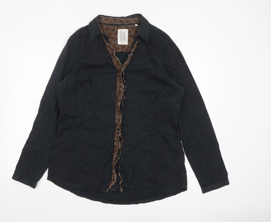 OPUS Women's Black Cotton Ruffle Trim Long Sleeve Blouse Size 16