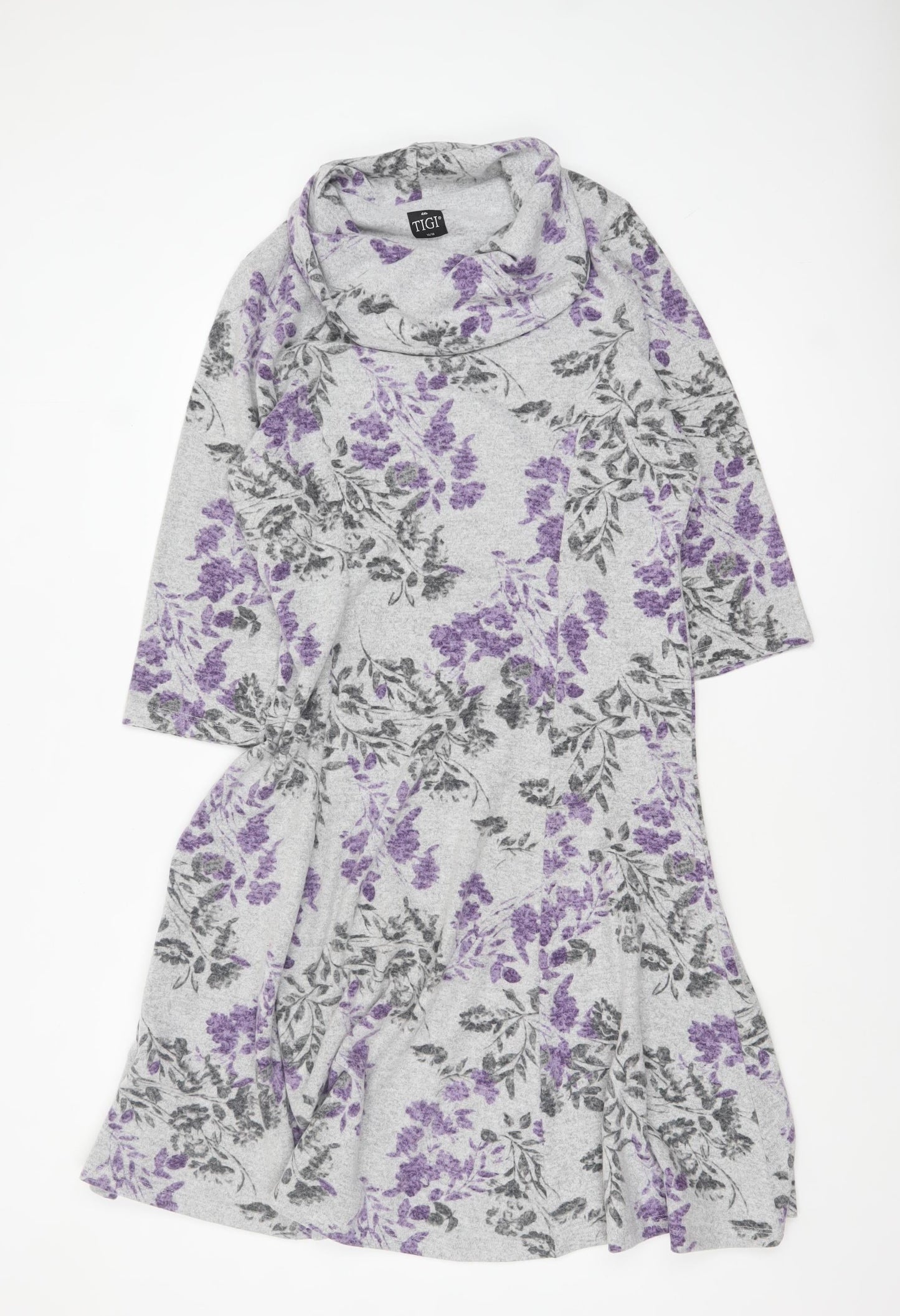 TIGI Women’s Grey Floral A-Line Knit Cowl Neck Dress Size 14-16