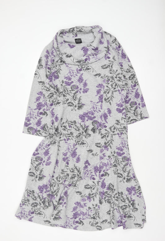 TIGI Women’s Grey Floral A-Line Knit Cowl Neck Dress Size 14-16