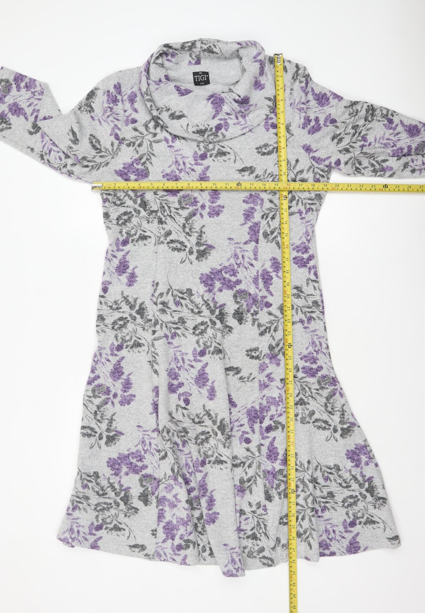 TIGI Women’s Grey Floral A-Line Knit Cowl Neck Dress Size 14-16