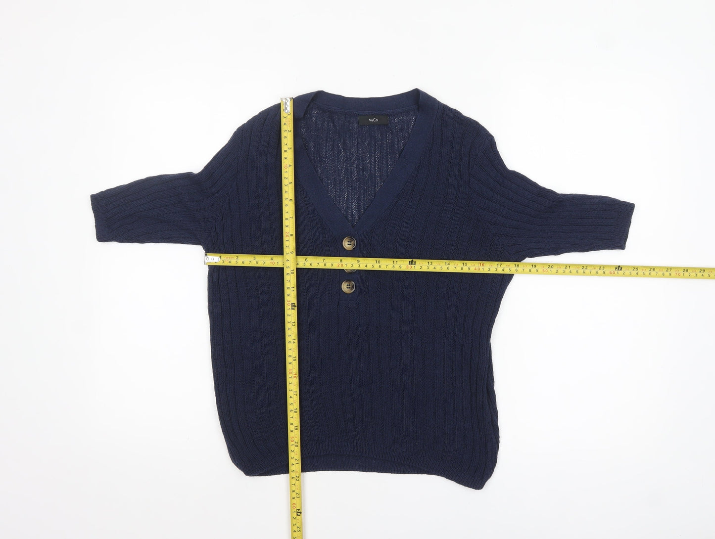 M&Co Women’s Blue Knit V-Neck Button 3/4 Sleeve Blouse Size 14