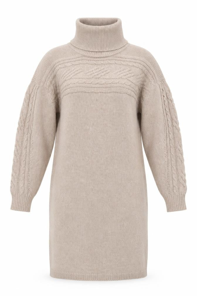 Rachel Zoe Women Beige Roll Neck Cable Knit Long Sleeve Tunic Jumper S