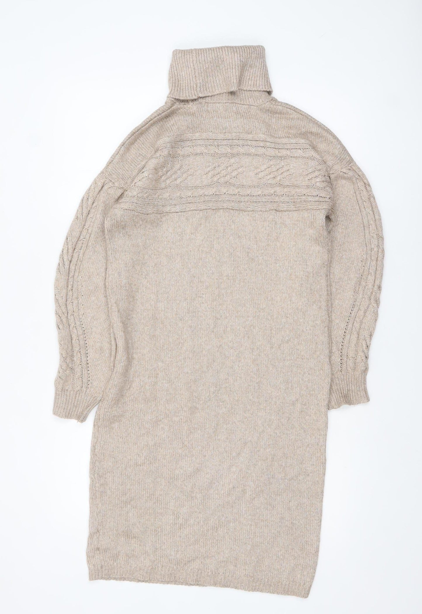 Rachel Zoe Women Beige Roll Neck Cable Knit Long Sleeve Tunic Jumper S