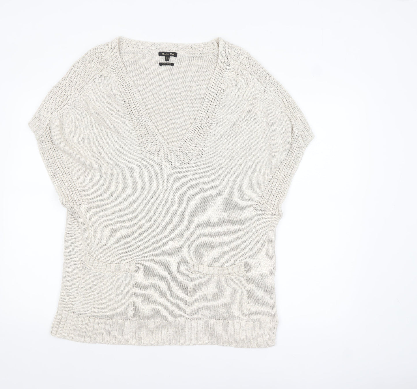 Massimo Dutti Women Beige V-Neck Cotton Blend Knit Jumper Size 12