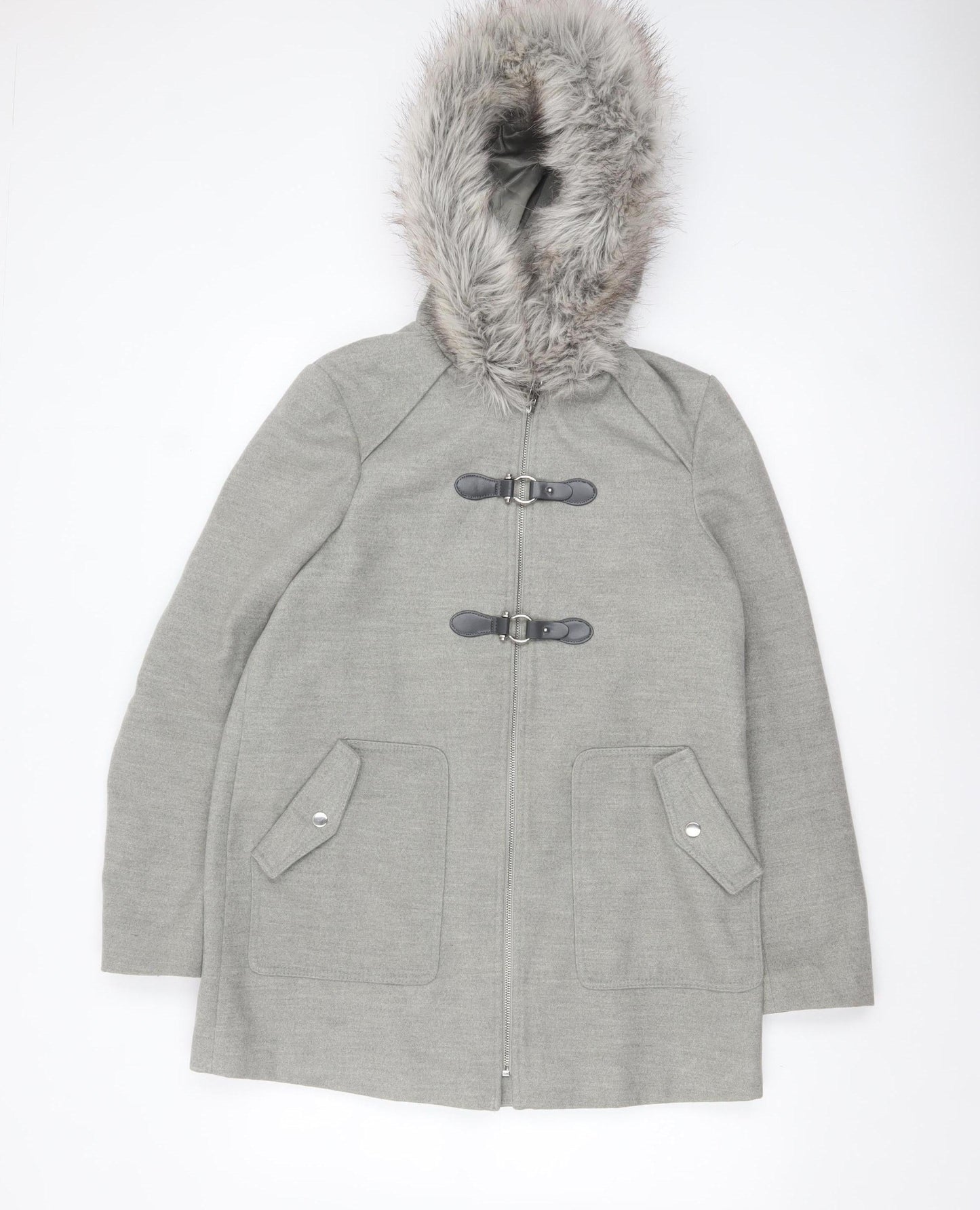 New Look Women's Grey Faux Fur Hooded Duffle Coat Size 10