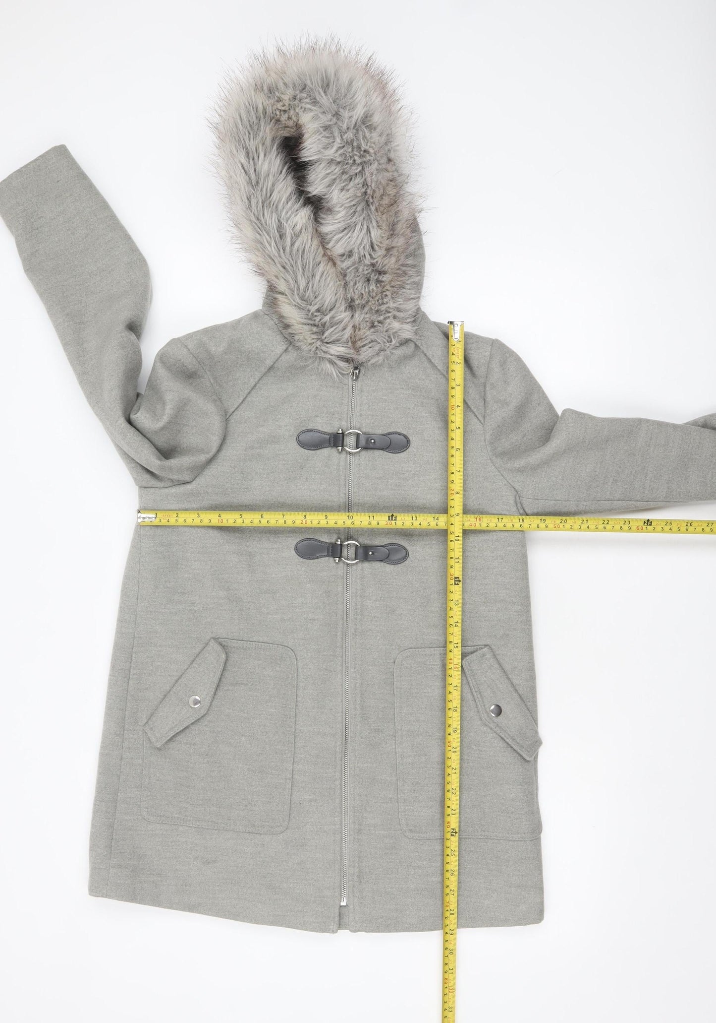 New Look Women's Grey Faux Fur Hooded Duffle Coat Size 10