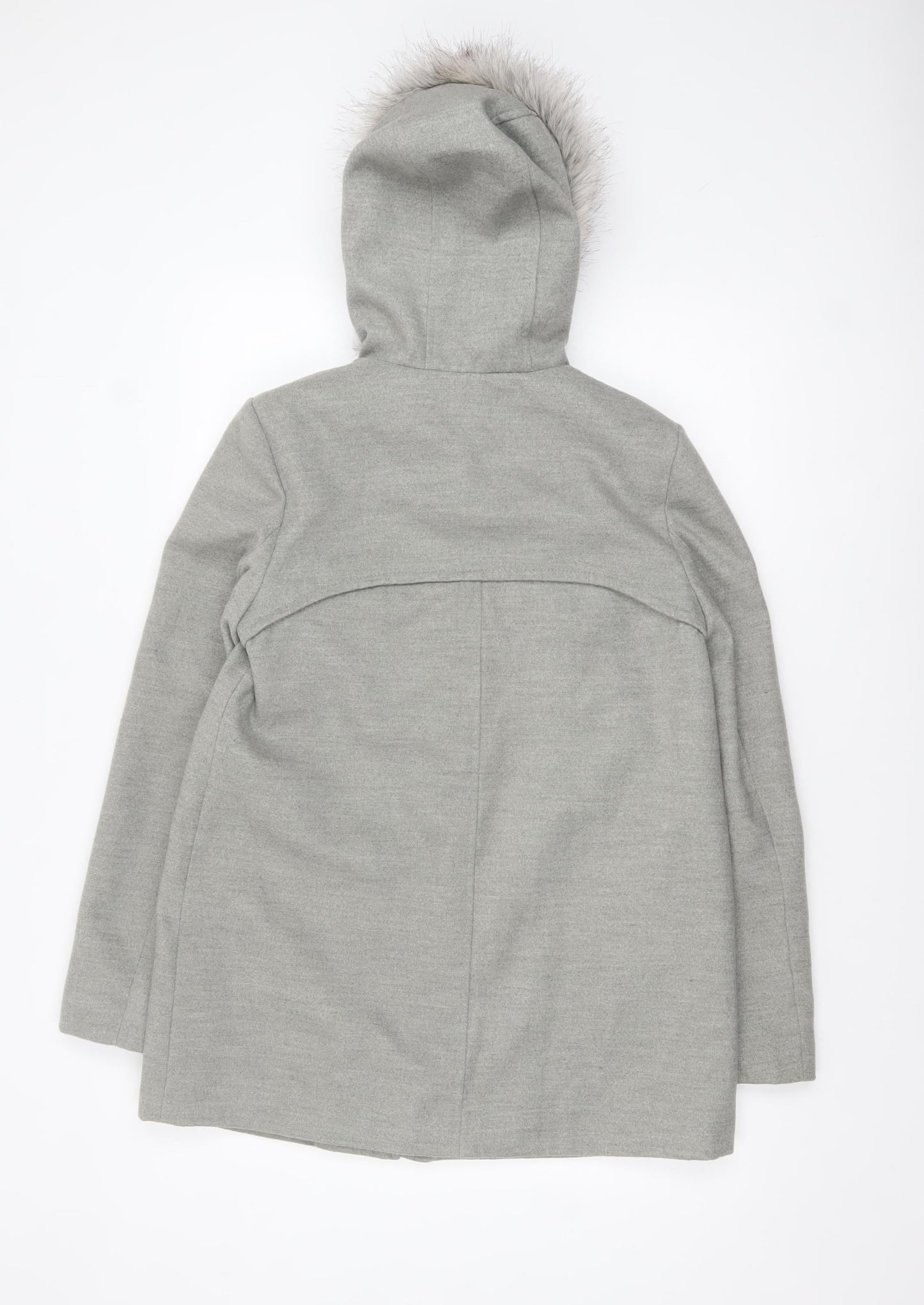New Look Women's Grey Faux Fur Hooded Duffle Coat Size 10