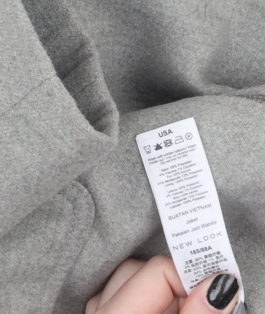 New Look Women's Grey Faux Fur Hooded Duffle Coat Size 10