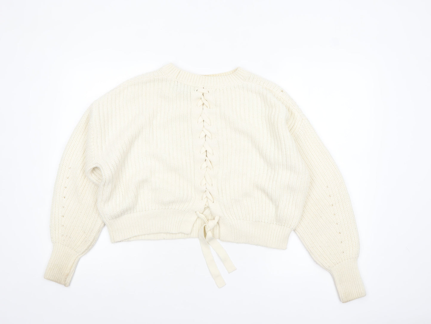 New Look Women Ivory Chunky Knit Bow Detail Jumper Size S