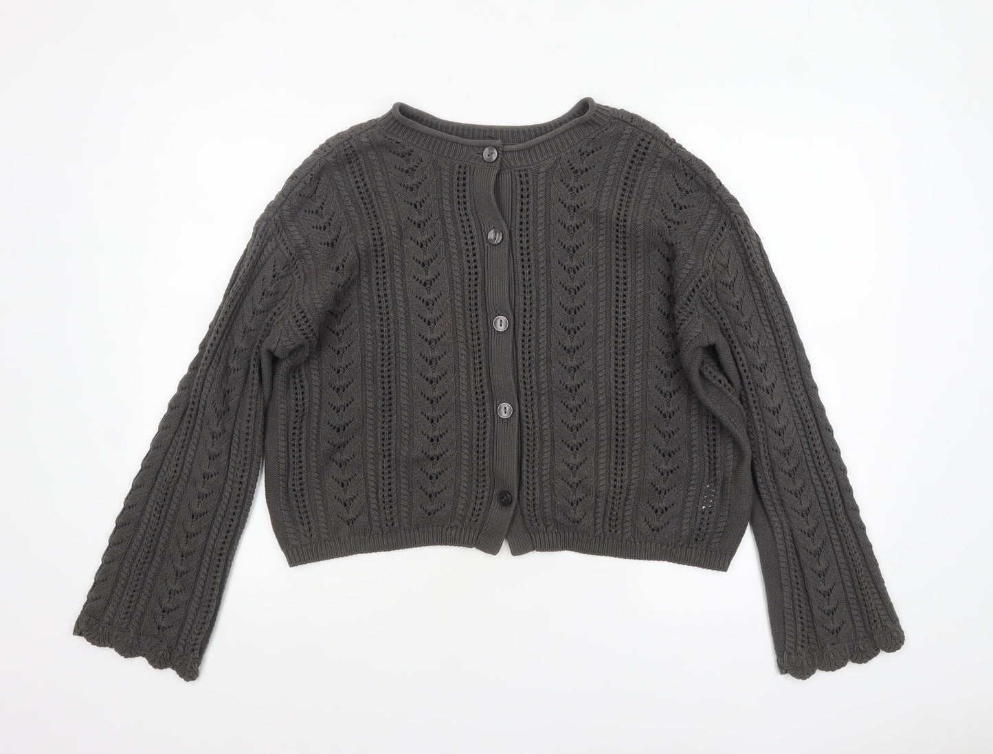GU Women Grey Open Knit Button Cardigan Size L