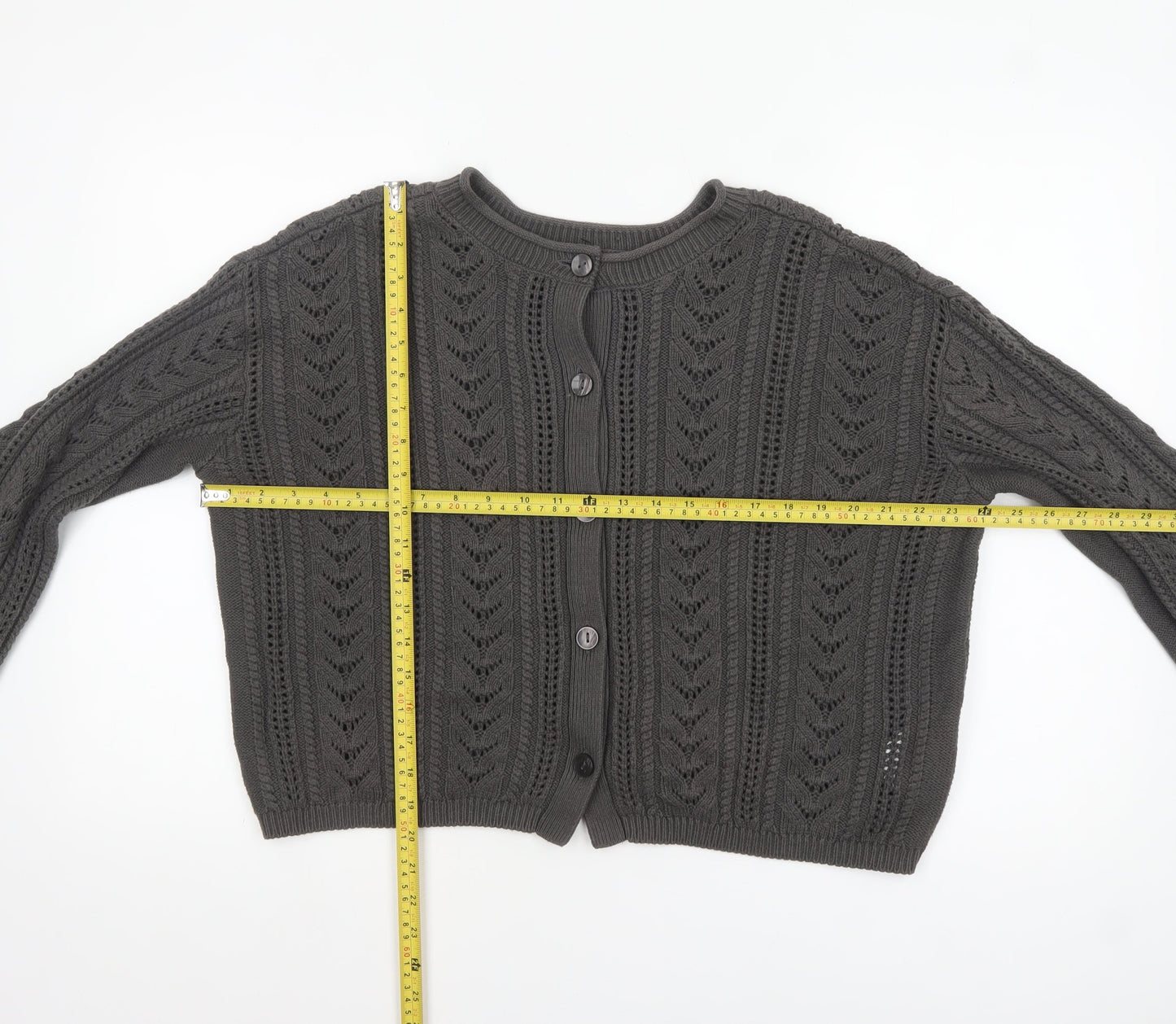 GU Women Grey Open Knit Button Cardigan Size L
