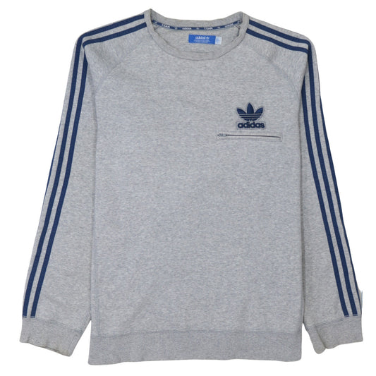 Adidas Men’s Grey Pullover Sweatshirt L Logo Zip Pocket Crew Neck