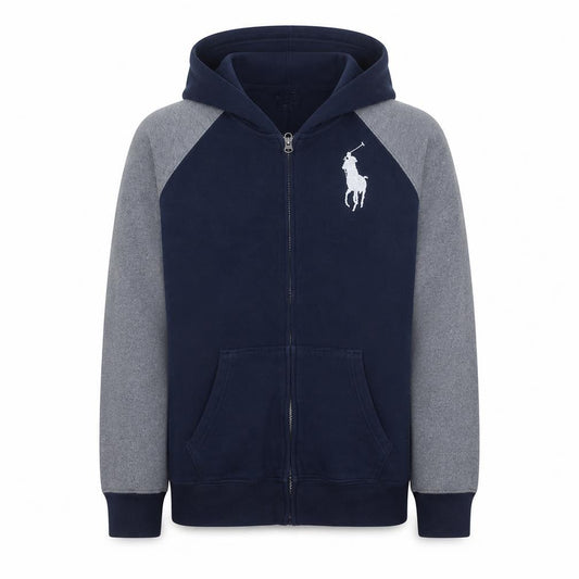 Front view of Ralph Lauren boys’ blue full zip hoodie 14-16 years colourblock fleece