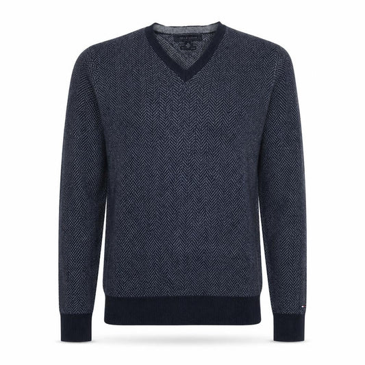 Tommy Hilfiger Men's Blue V-Neck Herringbone Cotton Jumper S