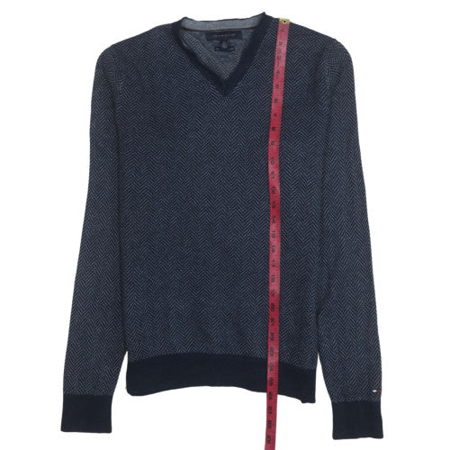 Tommy Hilfiger Men's Blue V-Neck Herringbone Cotton Jumper S