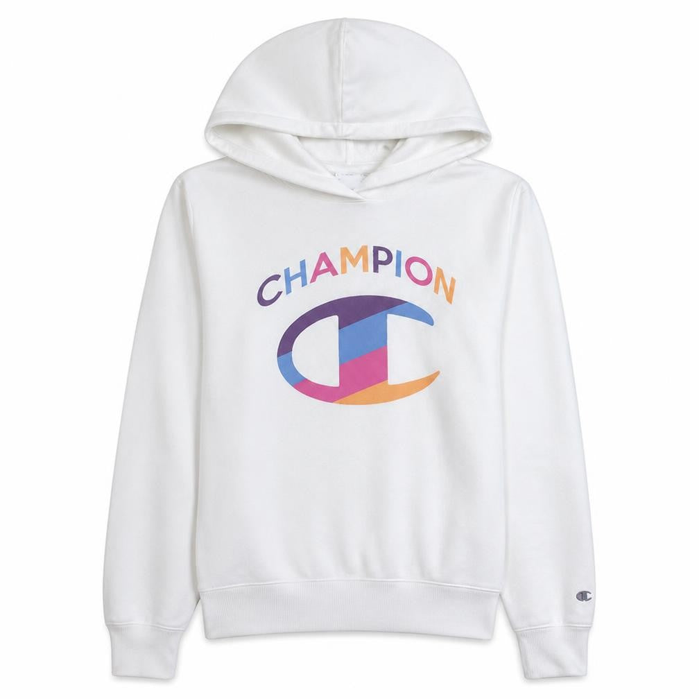 Champion Women White Hoodie Medium Pullover Cotton Blend Logo Print