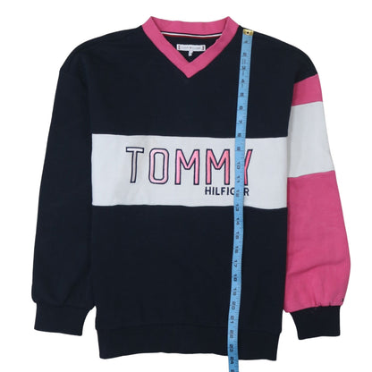 Back view of Tommy Hilfiger girls’ multicoloured v-neck pullover sweatshirt 11-12 years