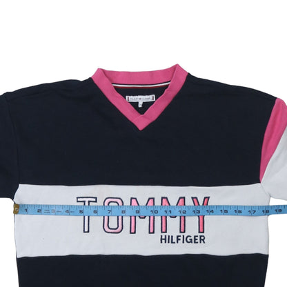 Close-up detail of Tommy Hilfiger girls’ multicoloured v-neck pullover sweatshirt 11-12 years