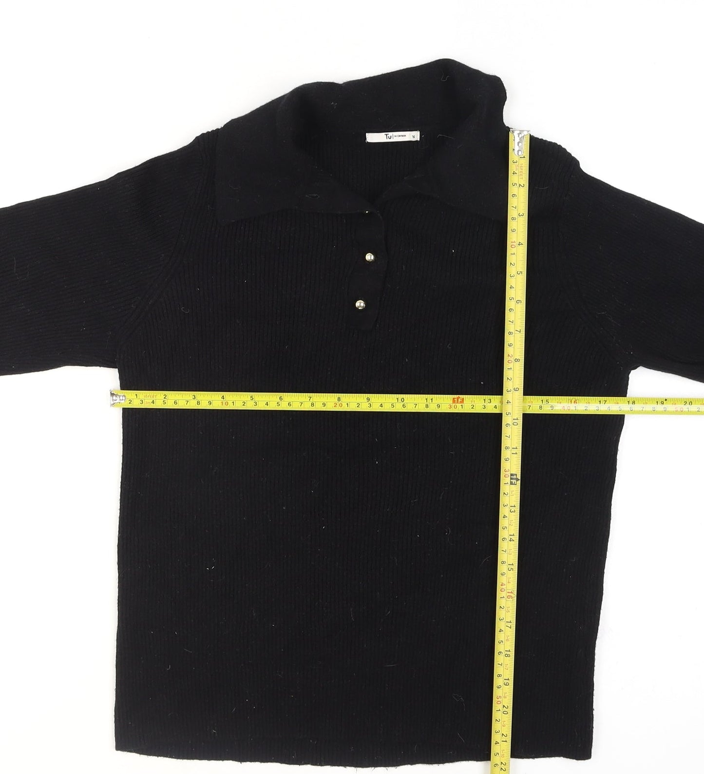Tu Women Black Collared Henley Knit Jumper Size 16