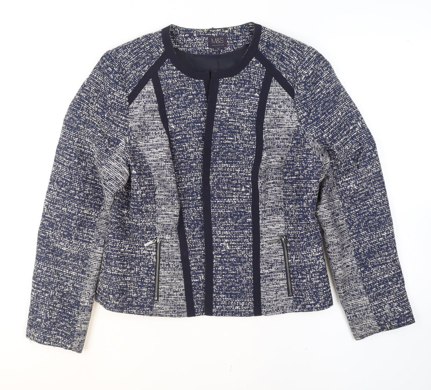 Marks and Spencer Women's Blue Tweed Collarless Blazer Size 16